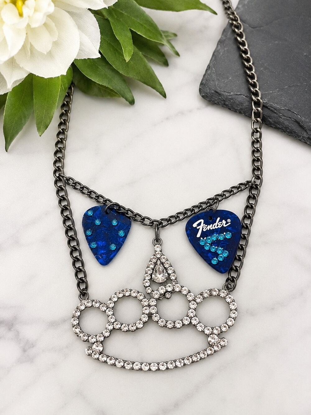 Handmade Rhinestone Guitar Pick Layered Necklace Adjustable One-of-a-Kind Piece